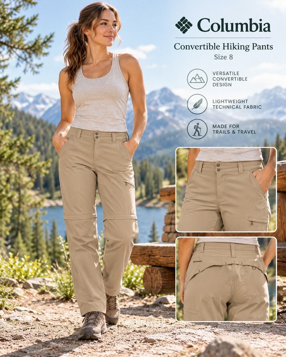 Columbia Women’s Convertible Hiking Pants Size 8 Khaki Zip Off Outdoor Travel